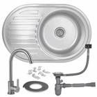 Кухонная мойка Brinex 7750, овальная, врезная, с крылом, однорычажным смесителем и сифоном, нержавеющая сталь Micro Decor 0.8 мм,