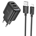 Зарядное устройство для телефона USB / Сетевой адаптер Hoco C141A Smart 2.1A (2USB-A) + кабель USB to Lightning (черный)
