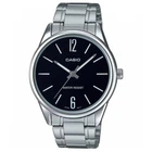Мужские классические часы Casio MTP-V005D-1B серебристые с чёрным циферблатом