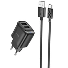 Зарядное устройство для телефона USB / Сетевой адаптер Hoco C141A Smart 2.1A (2USB-A) + кабель USB to Type-C (черный)
