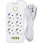 Мережевий фільтр подовжувач 6 розеток 4 USB 1 Type-C 2500 Вт 5 м білий F06U