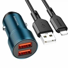 Авто зарядний пристрій 2 USB 2.4A 12Вт 12-24В кабель Lightning Borofone BZ19 Сапфірово-синій