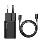 Мережевий зарядний пристрій з кабелем Baseus Super Si Quick Charger 1C 25W EU Sets Black(With Mini White Cable C to C 3A 1m Black)