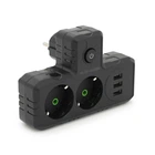 Розетка тройник Т-образнаый с заземлением F302-Black, 2 розетки+3USB(1А), 2500W, 10A, 110-250V~Max, Blister