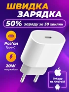 Швидка зарядка 20W USB-C для iPhone 11/12/13/14/15/16 /17 та Android — мережевий зарядний пристрій Type-C 20 Вт, білий