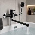 Змішувач для ванни Qtap Grand Chrome/Black з довгим поворотним виливом 320 мм та душовим гарнітуром