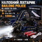 Налобний ліхтар BAILONG Police BL-6699-T6-USB акумуляторний, 1000 лм, дальність променя до 800 м