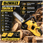 Електропила акумуляторна DeWalt 48 В 6 А·год, ланцюгова безщіткова пила для обрізання дерев і заготівлі дров, шина 40 см, 2 акумулятори в комплекті, автоматичне змащування ланцюга, безключове натягування, швидкість 24 м/с